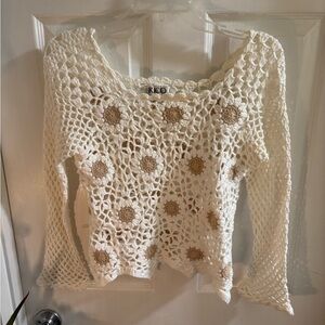 Rico Women's Cream Hand Knit Boho Vintage 1970s Vibe Crochet Sweater, Size S